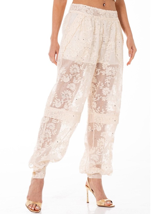 Pants - Lace Embroidered Sheer Jogger Pants - Cream ( with sparkle ) ✨